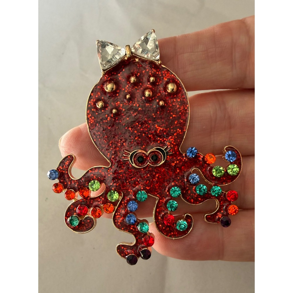 Red Glitter Octopus Brooch Multi Color Rhinestone Gold Tone Nautical Pin - Picture 2 of 7